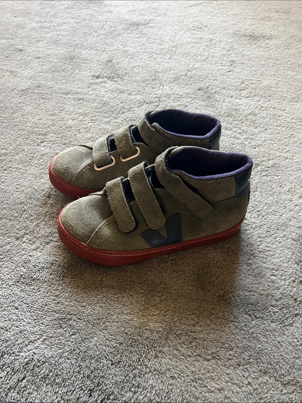 Veja Kids Olive Suede Sneakers with brown Sole and Navy Trim